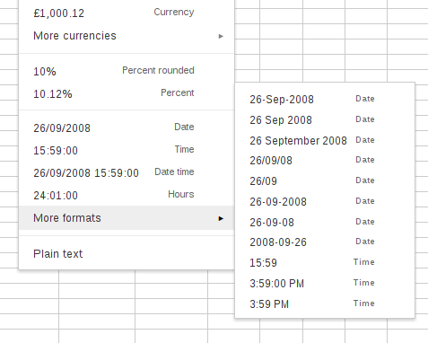 Format options for date and time